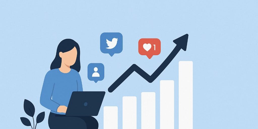 strategi social media marketing dengan grafik pertumbuhan bisnis dan interaksi media sosial seperti followers dan likes.