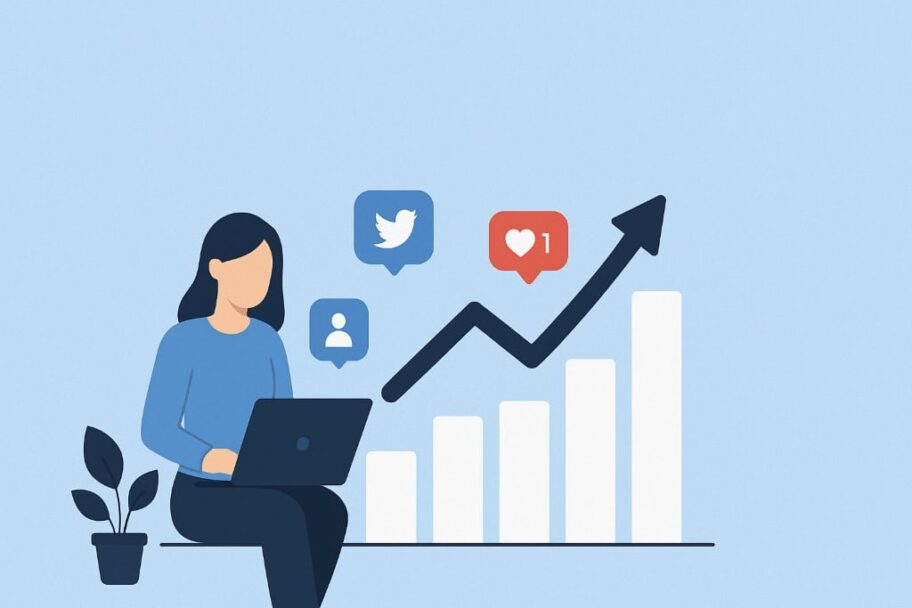 strategi social media marketing dengan grafik pertumbuhan bisnis dan interaksi media sosial seperti followers dan likes.