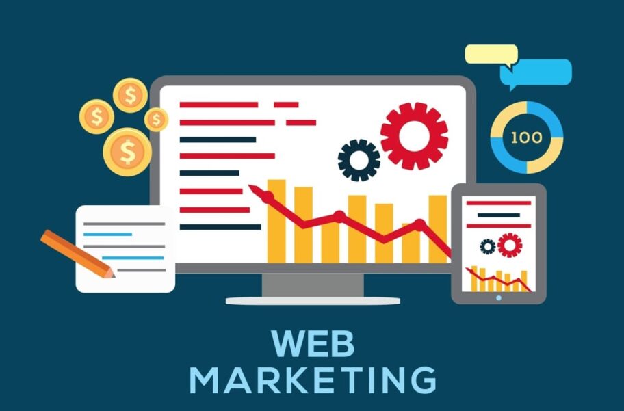 Strategi web marketing modern dengan grafik pertumbuhan bisnis digital di layar laptop.