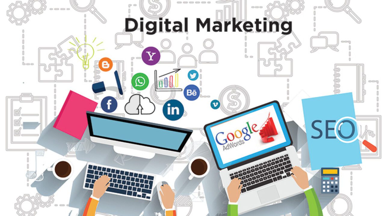Strategi web marketing digital dengan grafik peningkatan penjualan dan analitik website.