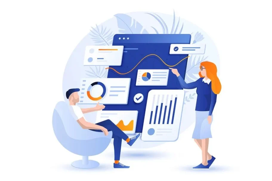 strategi web marketing dengan grafik pertumbuhan bisnis dan ikon digital marketing di layar laptop.