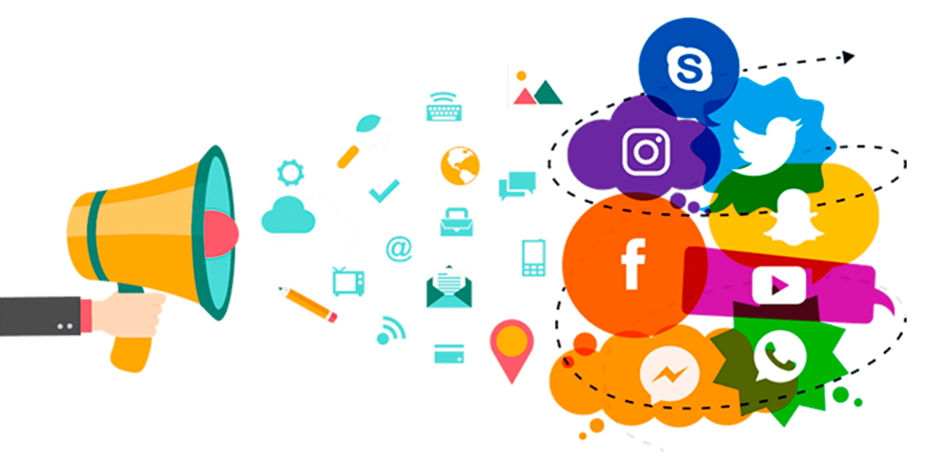 strategi social media marketing dengan grafik pertumbuhan bisnis dan ikon media sosial untuk meningkatkan promosi digital.