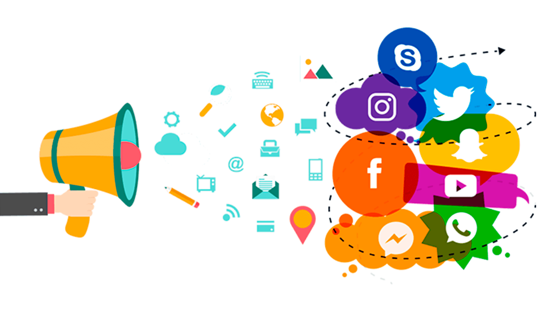Optimalkan Promosi Bisnis dengan Social Media Marketing. strategi social media marketing dengan grafik pertumbuhan bisnis dan ikon media sosial untuk meningkatkan promosi digital.