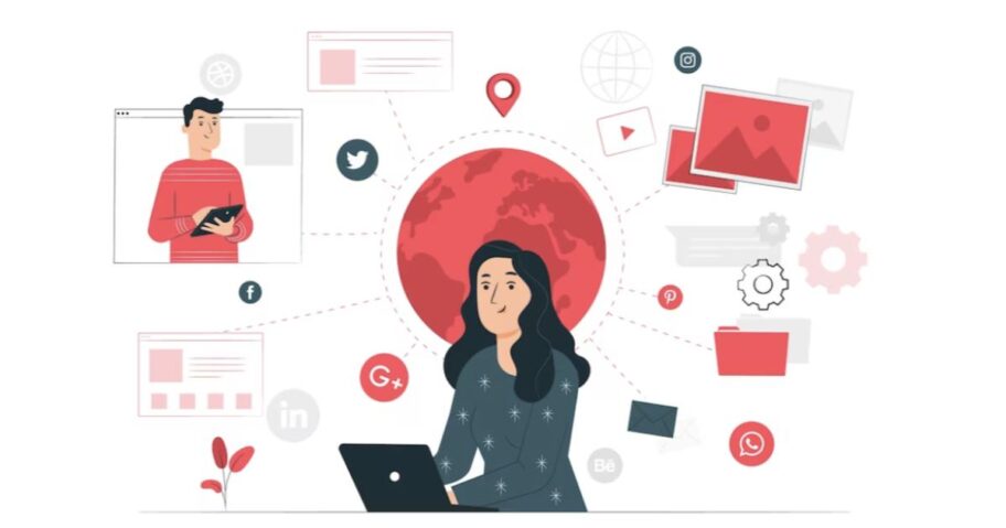 Strategi promosi bisnis menggunakan internet marketing dengan grafik peningkatan pengunjung website.