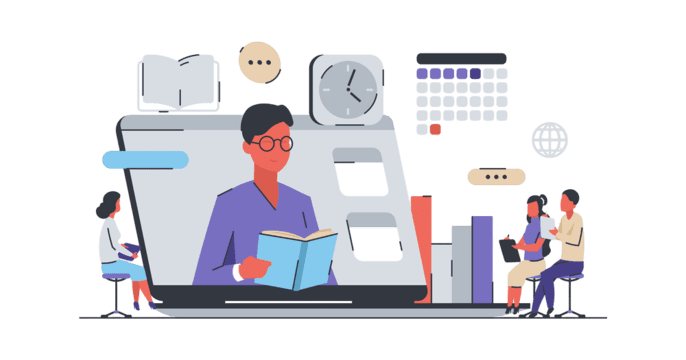 Strategi internet marketing dengan dashboard analitik digital yang menampilkan grafik pertumbuhan dan ikon media sosial di layar komputer.