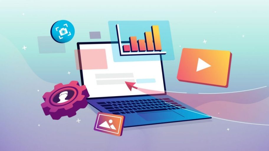 Strategi internet marketing dengan tampilan dashboard analytics, media sosial, dan website di layar laptop yang menggambarkan pertumbuhan brand secara digital.